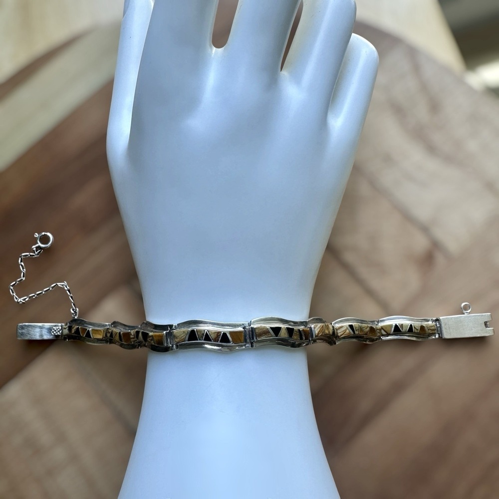 VTG Southwest Artisan Link Bracelet 6.75 Inch Jasper Onyx Qz 925 Sterling 22.1g
